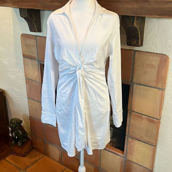 Zara White Front Knotted V-Neck Long Sleeve Collared Mini Dress, size MEDIUM - Picture 1 of 10